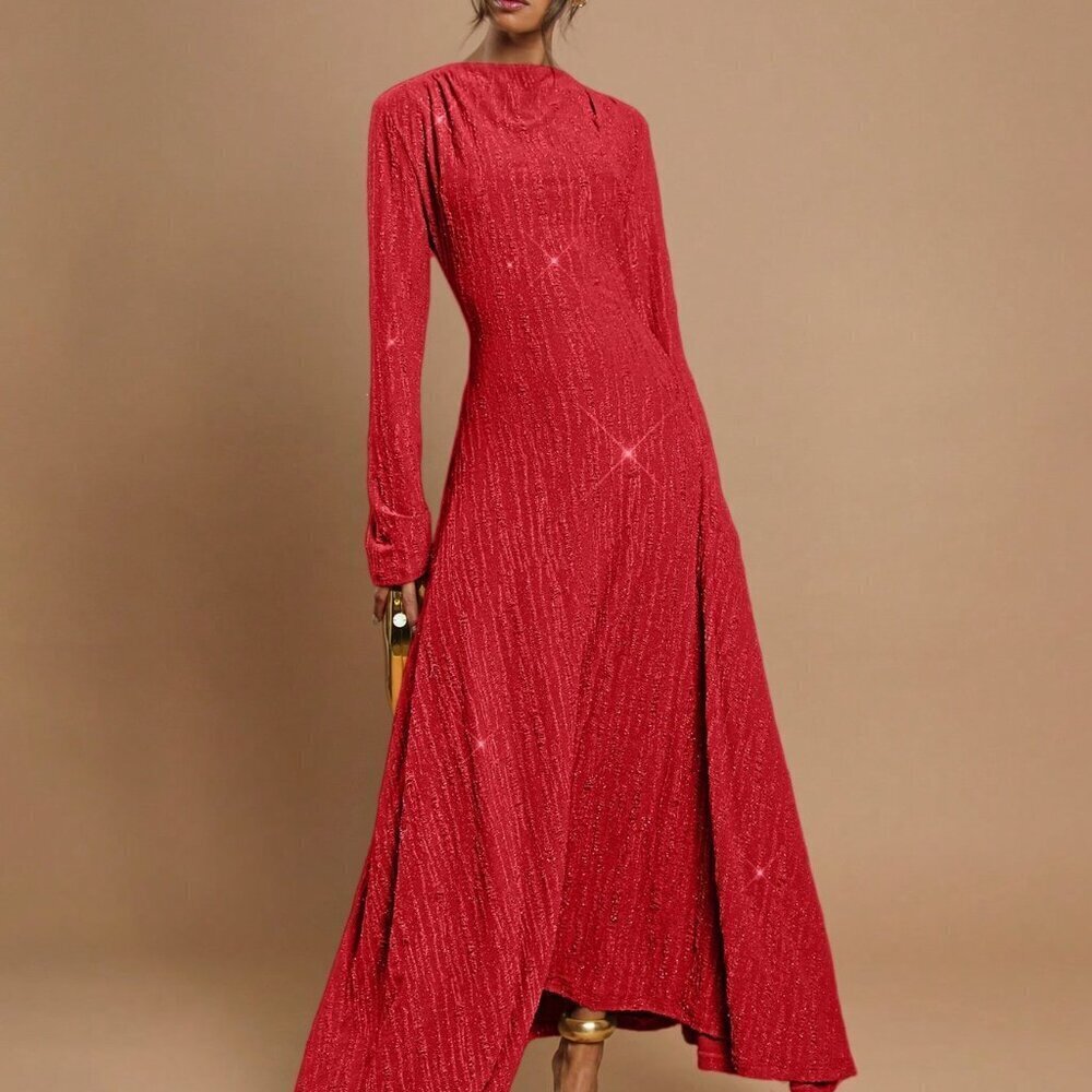 Red Party Women's Stand Collar Long Sleeve Sparkling Luxury Long Dress